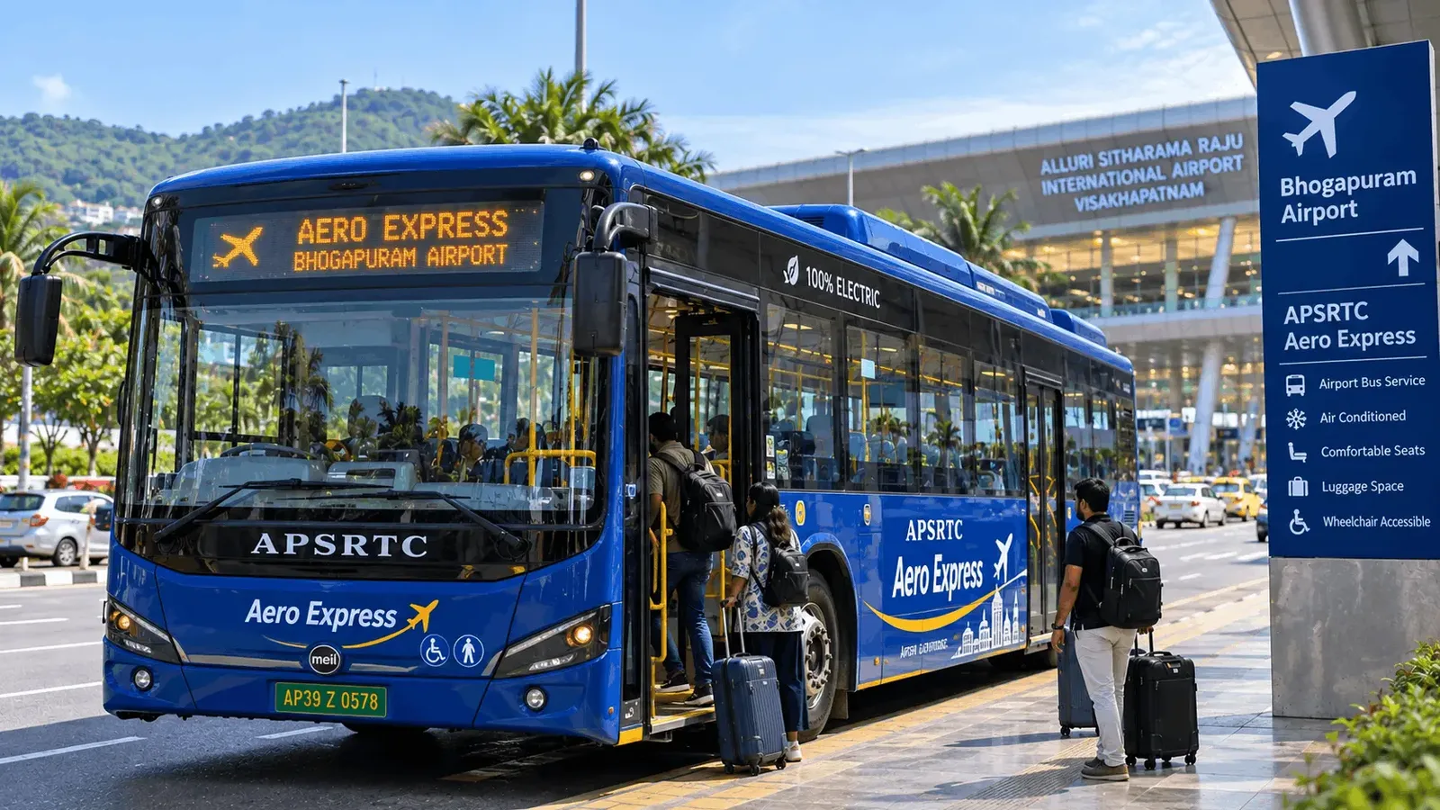 Illustration of an APSRTC Vizag Aero Express electric bus picking up passengers with luggage at Bhogapuram airport