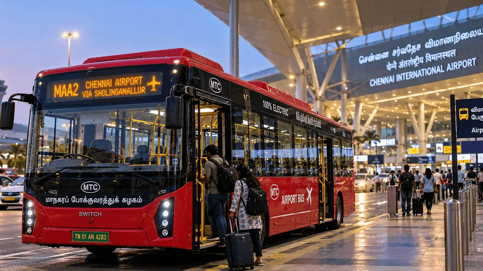 Illustration of an MTC MAA2 electric airport bus picking up passengers with luggage outside Chennai International Airport