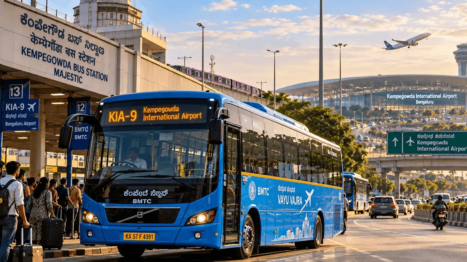 Illustration of a BMTC Vayu Vajra KIA-9 airport bus at Kempegowda Bus Station, Majestic, in Bengaluru