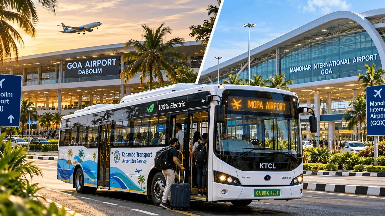 Illustration of a KTCL electric airport bus picking up passengers, with Goa's Dabolim and Mopa airport terminals behind it