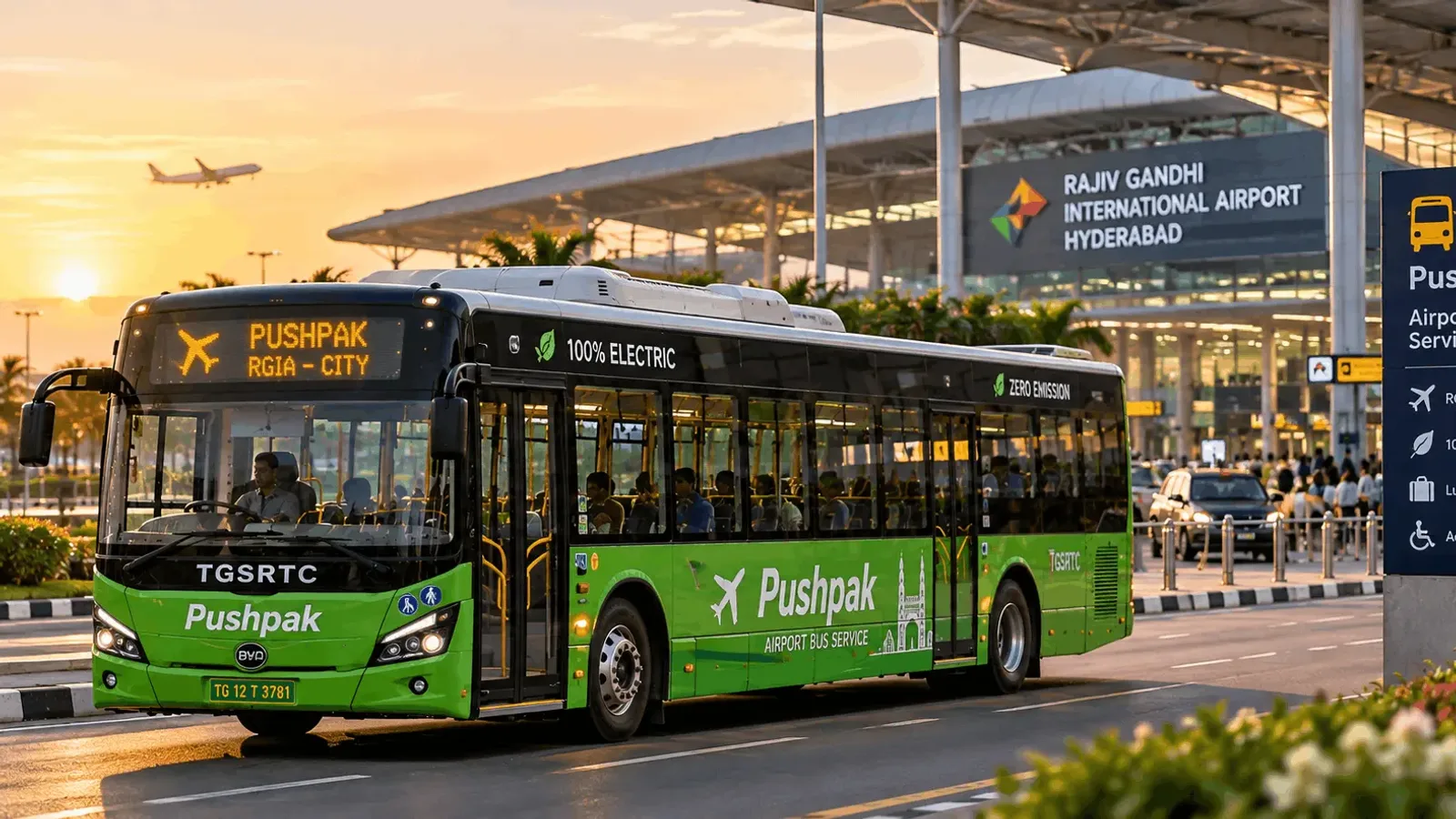 Illustration of a TGSRTC Pushpak electric airport bus outside Rajiv Gandhi International Airport, Hyderabad, at sunset